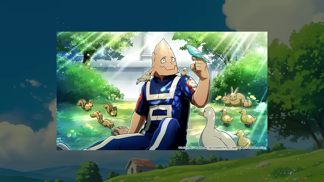 An AI-generated image of Koji Koda from My Hero Academia, sitting in a park surrounded by various animals, with bright sunlight.