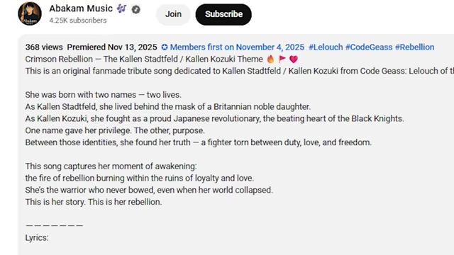 A YouTube video description, likely AI-generated, for a "Code Geass" inspired song, detailing Kallen Kozuki's character and story.