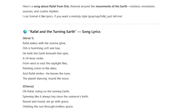 A Google Docs screenshot showing AI-generated song lyrics for "Rafal and the Turning Earth," with generic and uninspired phrasing.
