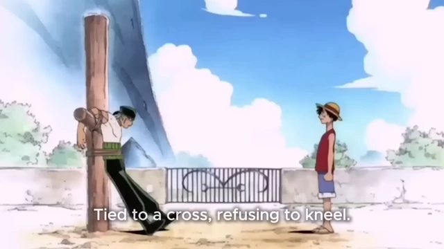 An anime image of Zoro tied to a cross from One Piece, with lyrics "Tied to a cross, refusing to