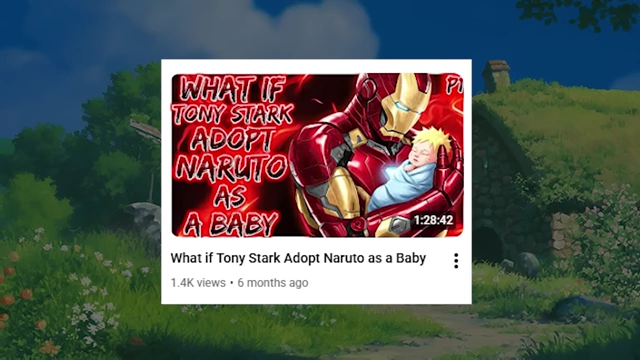 A YouTube thumbnail for "What if Tony Stark Adopt Naruto as a Baby," showing Iron Man holding a baby