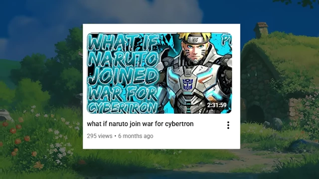 A YouTube thumbnail for "what if naruto join war for cybertron," showing Naruto in Transformers-like armor.
