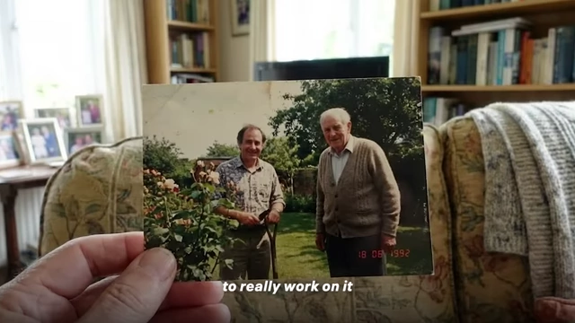 A photo of the speaker with his father in a garden, illustrating their complicated relationship and missed opportunities.