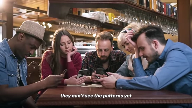 Younger generations distracted by their phones, reflecting their anxiety and unfulfilling pursuits.