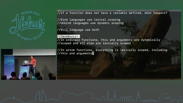 A summary of lexical vs. dynamic scoping for 'this' and 'arguments' in JavaScript's ordinary vs. arrow functions