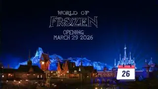 A nighttime artistic rendering of "World of Frozen" at Disneyland Paris, with a calendar icon showing "26 March 29 2026".