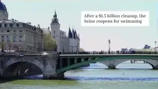 Text on screen: After a $1.5 billion cleanup, the Seine reopens for swimming.