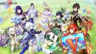A vibrant 5th-anniversary artwork for Genshin Impact, featuring several popular characters and a large "V" emblem.