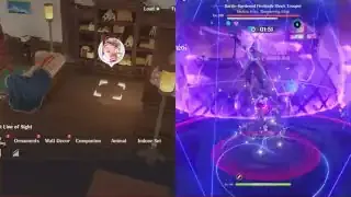 A split screen showing a character in the Serenitea Pot (housing system) and intense combat, representing the game's dual appeal.