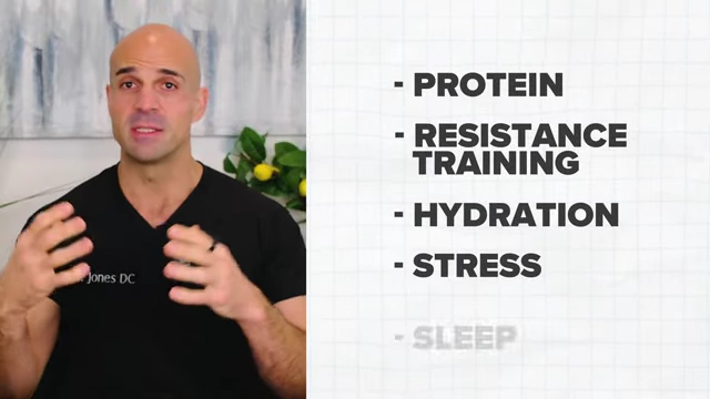 Checklist of metabolic foundation elements: protein, resistance training, hydration, stress, sleep