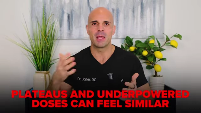 Text on screen stating "Plateaus and underpowered doses can feel similar"