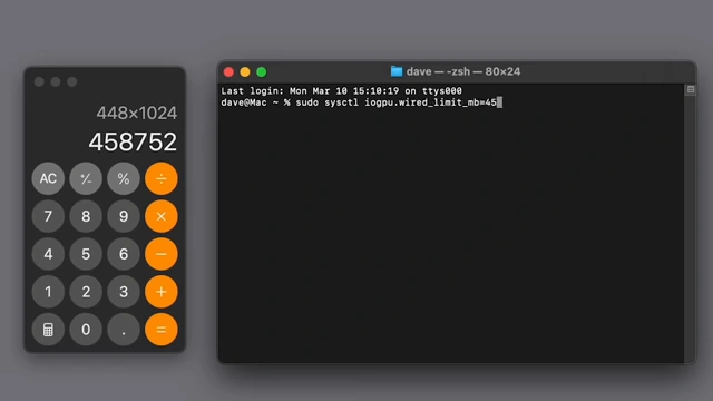 Calculator and Terminal window showing vRAM allocation command