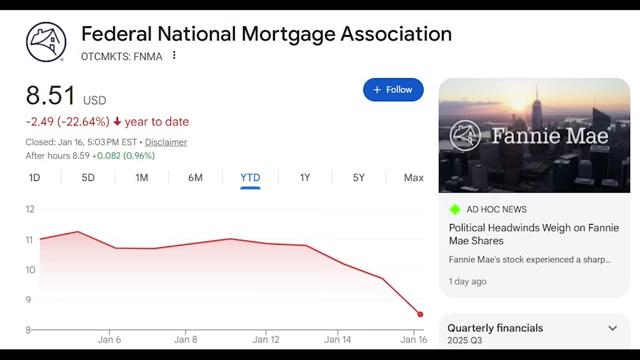 Google Finance screenshot showing Fannie Mae (FNMA) stock performance year-to-date.