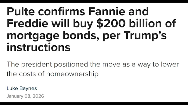 Headline confirming "Pulte confirms Fannie and Freddie will buy $200 billion of mortgage bonds, per Trump's instructions."