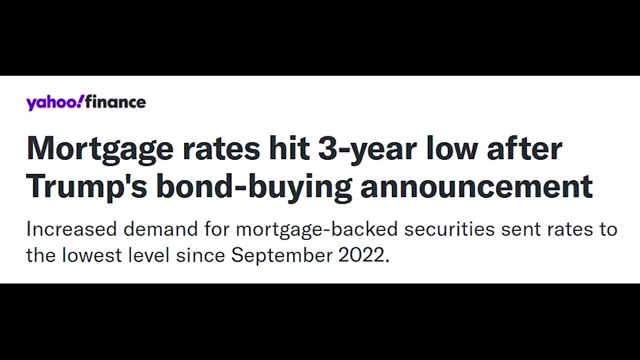Yahoo Finance headline stating "Mortgage rates hit 3-year low after Trump's bond-buying announcement."