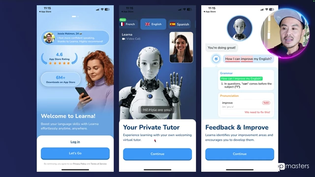 Learna App onboarding screens showing social proof and AI private tutor