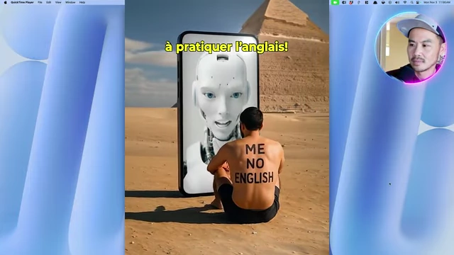 Learna Ad example showing a man with "ME NO ENGLISH" on his back, interacting with an AI tutor on a phone
