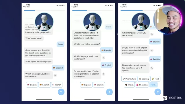 Learna App onboarding flow asking users about language goals and interests