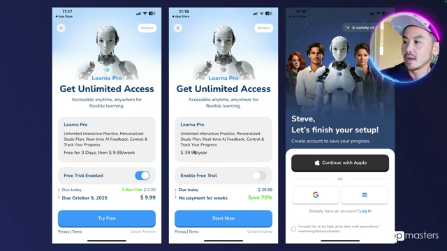 Learna App sign-up screen with "Continue with Apple" option