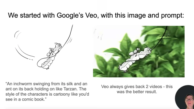 A simple sketch of an inchworm swinging is presented alongside Veo's generated video, which shows the inchworm and ant on a leaf rather than swinging.