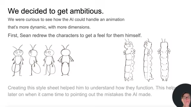Sean Campbell's character stylesheet for the inchworm and ant, showing them from different perspectives to understand their functionality for animation.