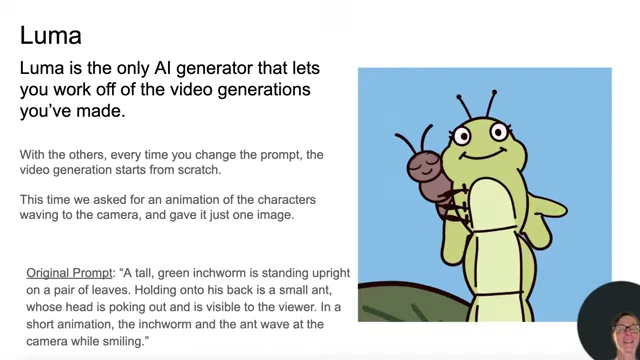 Luma's initial generated animation of the inchworm and ant waving and smiling to the camera.