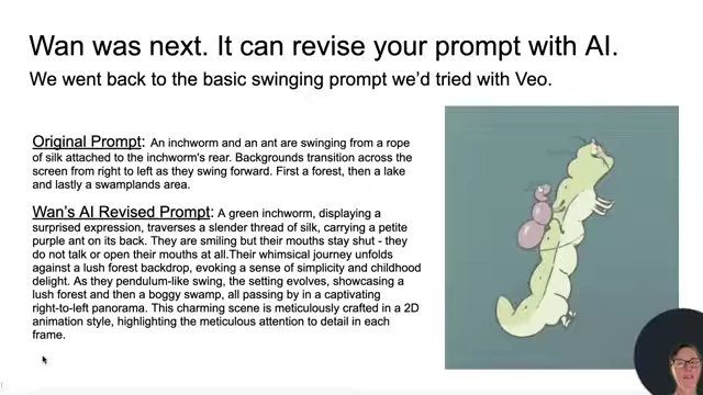 Wan's generated animation of the inchworm and ant swinging, illustrating inconsistencies in character appearance and motion.