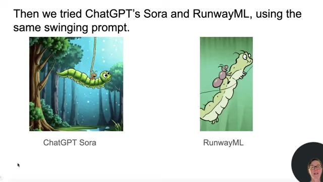 Generated images from ChatGPT Sora (left) and RunwayML (right) depicting the inchworm and ant swinging, showing their current image generation capabilities.