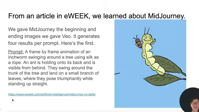 Midjourney's first version of the swinging animation, showing the inchworm and ant on a silk rope near a tree.