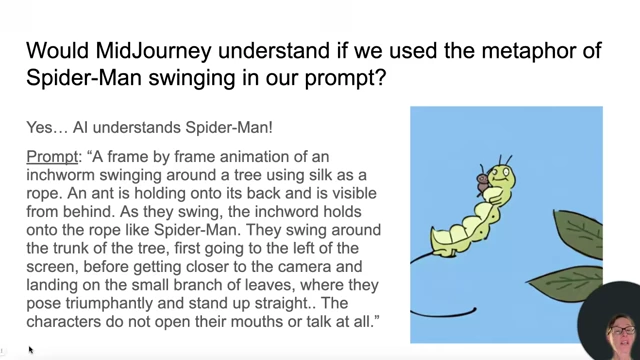 Midjourney's animation result after incorporating the "Spider-Man" swinging metaphor into the prompt, showing improved swinging action but still with unintended mouth movements.