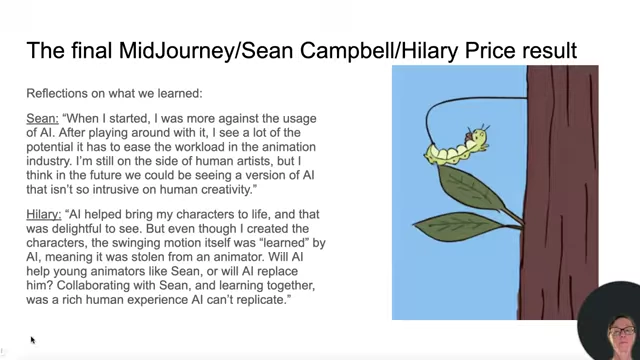 An animated inchworm character swinging on a silk thread from a tree branch, with an ant on its back, showcasing the final refined animation.