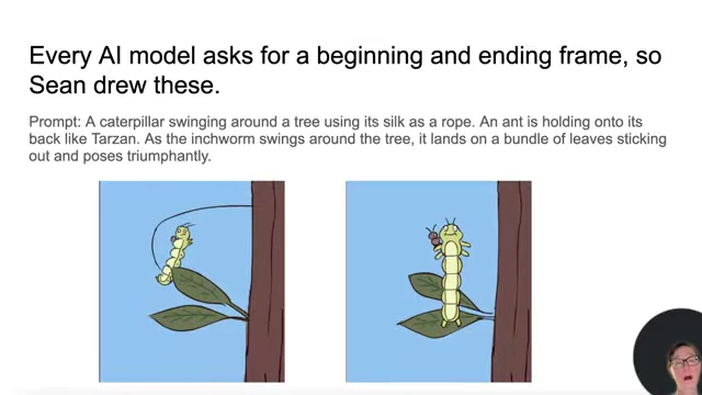 Beginning and ending frames created by Sean Campbell for the animation prompt of the inchworm and ant swinging around a tree.