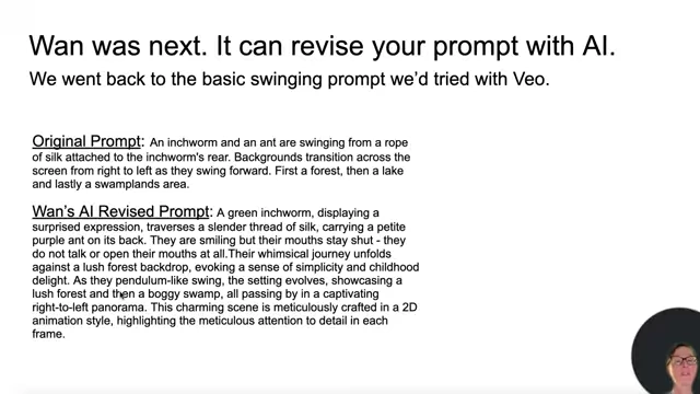 Wan's AI-revised prompt, automatically generated from a shorter original prompt, includes detailed descriptions like character expressions and specific background transitions.