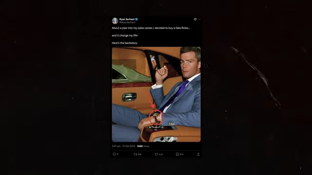 Tweet from Ryan Serhant discussing how a fake Rolex changed his life and served as a reminder of his aspirations.