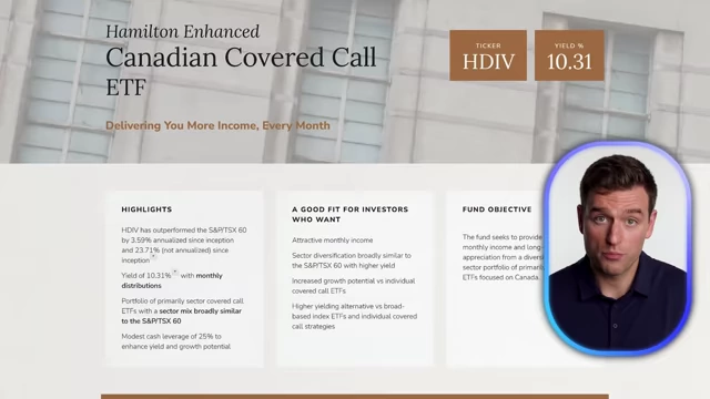 Hamilton Enhanced Canadian Covered Call ETF (HDIV) website highlighting claimed outperformance against the S&P TSX60.