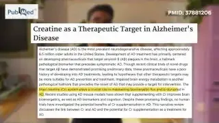 A PubMed article abstract discussing creatine as a therapeutic target in Alzheimer's Disease, highlighting its role in brain energy metabolism.