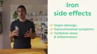 A list of potential side effects of iron, including organ damage, gastrointestinal symptoms, oxidative stress, and inflammation.