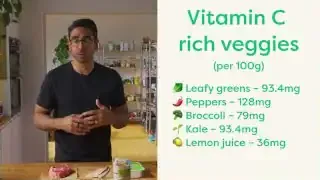 A list of Vitamin C rich vegetables and their content per 100g, including leafy greens, peppers, broccoli, and kale.