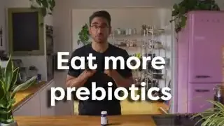 The text 'Eat more prebiotics' overlaying the speaker.