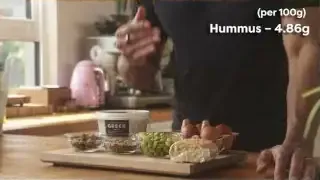Hummus shown as a source of protein (4.86g per 100g).