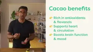 A list of cacao benefits including richness in antioxidants, support for heart and circulation, and boosting brain function and mood.