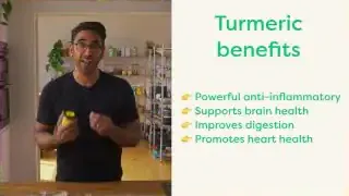 A list of turmeric benefits including powerful anti-inflammatory effects, support for brain health, improved digestion, and promotion of heart health.