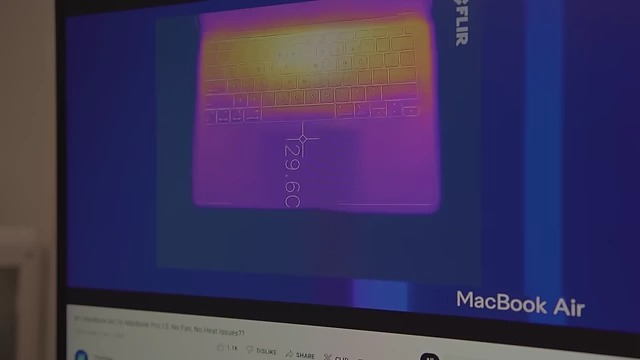 Thermal image of a MacBook Air highlighting heat