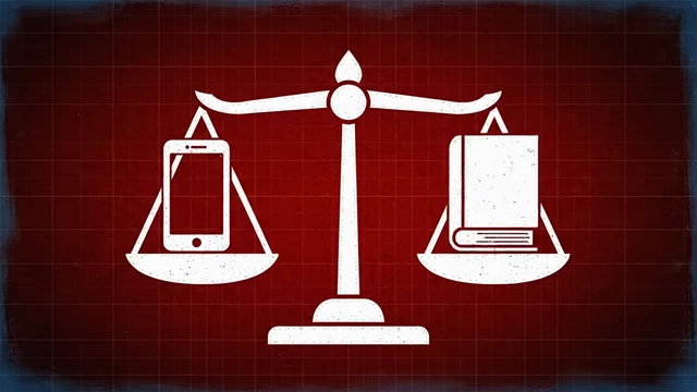A scale balancing a smartphone against a book, symbolizing the brain's choice between easy and hard rewards.