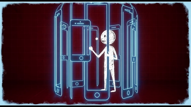 A person trapped inside a cage made of glowing smartphones, illustrating how modern technology exploits the brain for easy rewards.