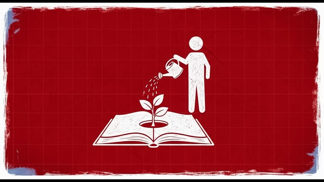 A person watering a plant growing from an open book, symbolizing nurturing growth through deliberate, less stimulating activities.
