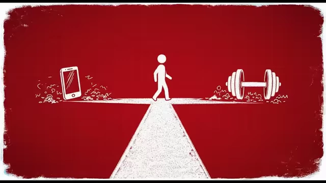 A person walking on a path, with a discarded phone on one side and a dumbbell on the other, symbolizing the choice of environment and social influence.