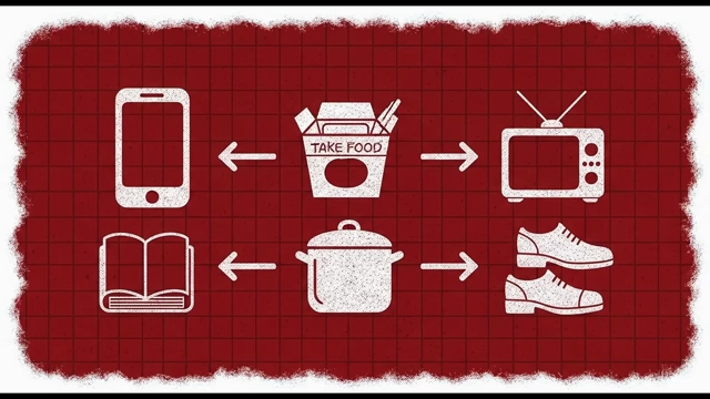 A diagram contrasting high-dopamine activities (phone, takeout, TV) with lower-dopamine, more rewarding alternatives (book, home cooking, walking shoes).