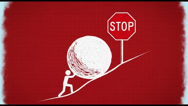 A person pushing a boulder uphill towards a stop sign, representing the brain's resistance to high effort tasks.