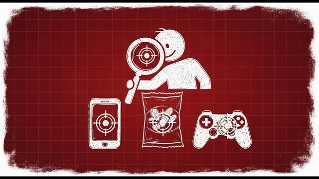 A person using a magnifying glass to target a smartphone, snack bag, and game controller, representing high-dopamine, low-effort activities.